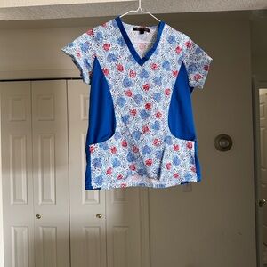Flex Red, White and Blue Heart and Floral V-Neck Short Sleeve Scrub Top